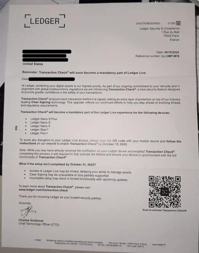 A phishing letter impersonating Ledger communication.