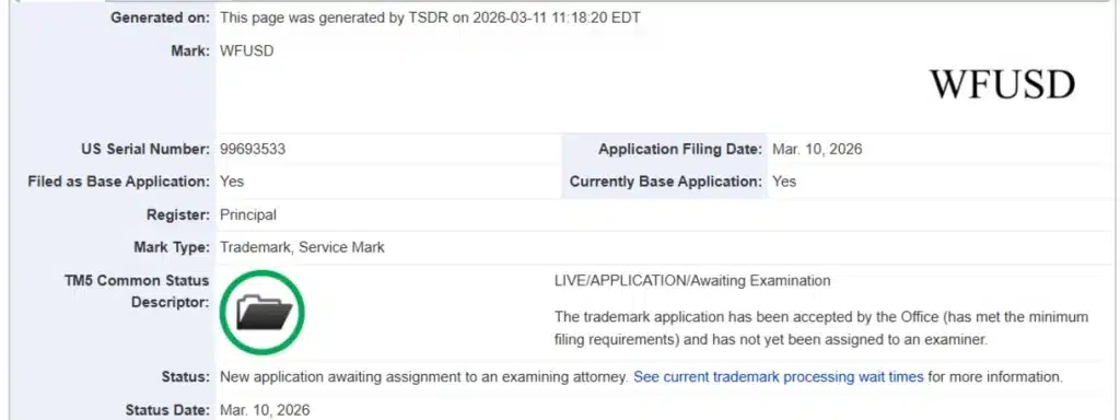 Wells Fargo’s ‘WFUSD’ trademark application.