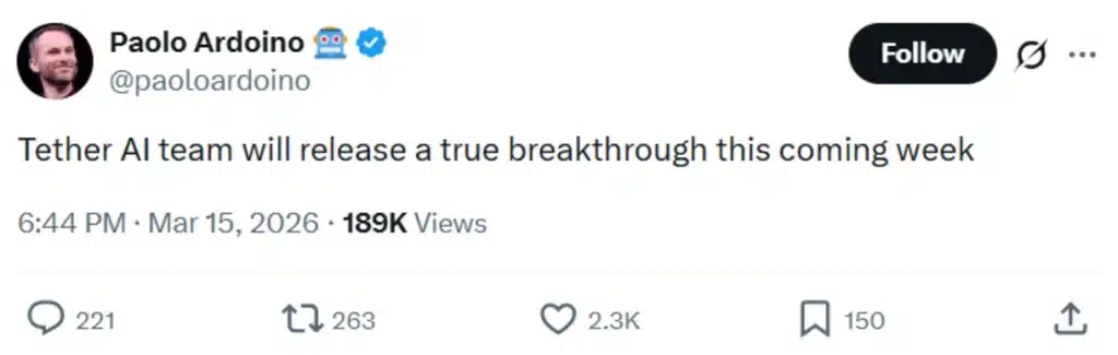 Tether CEO’s post on social media.