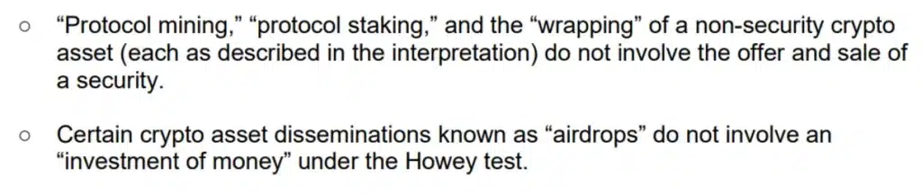 The agency’s interpretation of specific crypto activities.
