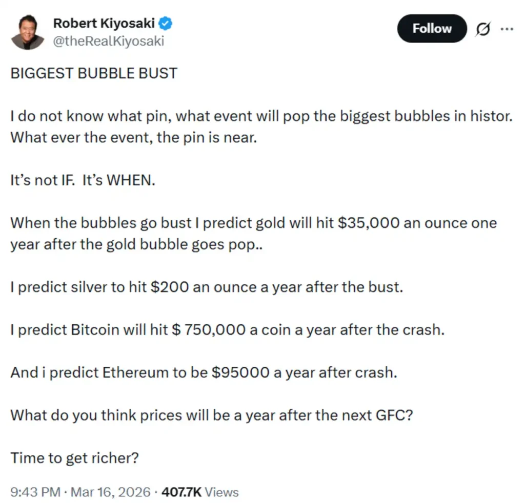 Robert Kiyosaki’s predictions about Bitcoin and other assets.