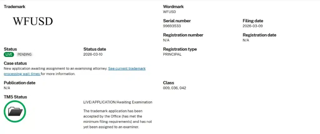 Wells Fargo’s ‘WFUSD’ trademark application from search results.