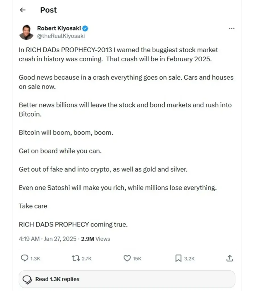 Robert Kiyosaki’s predictions about the biggest stock crash