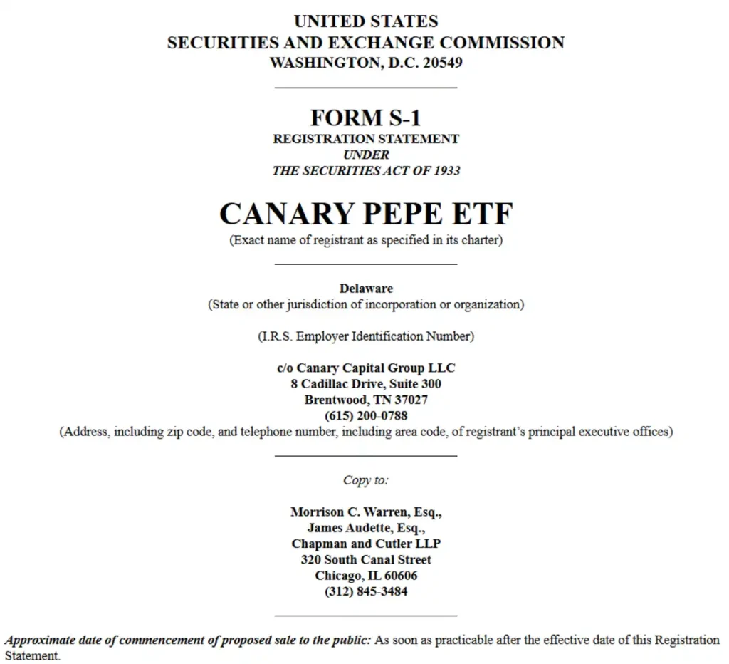 Canary Capital’s PEPE ETF filing.