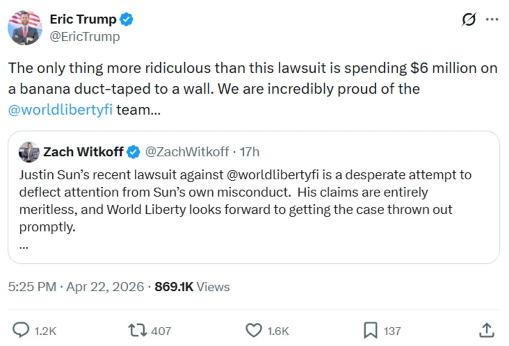 WLFI co-founder and key promoter’s comment.