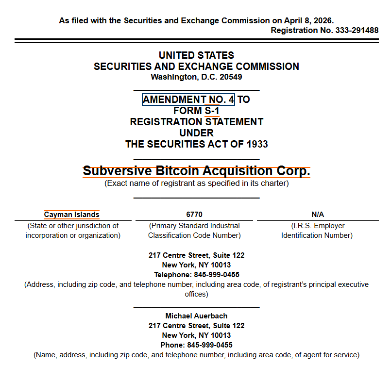 Subversive Bitcoin's SPAC registration.