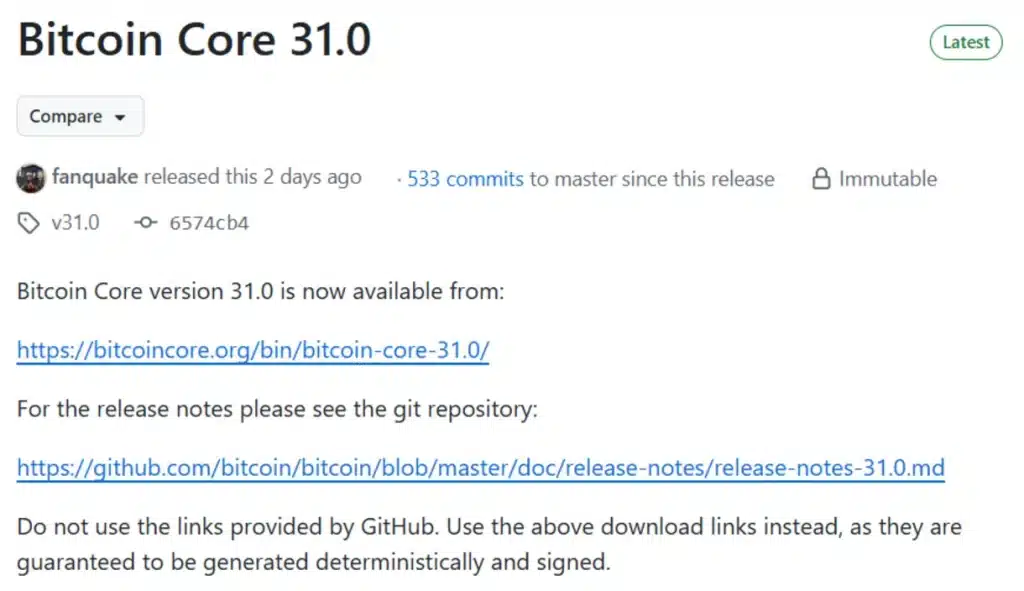 Bitcoin Core 31.0 update.