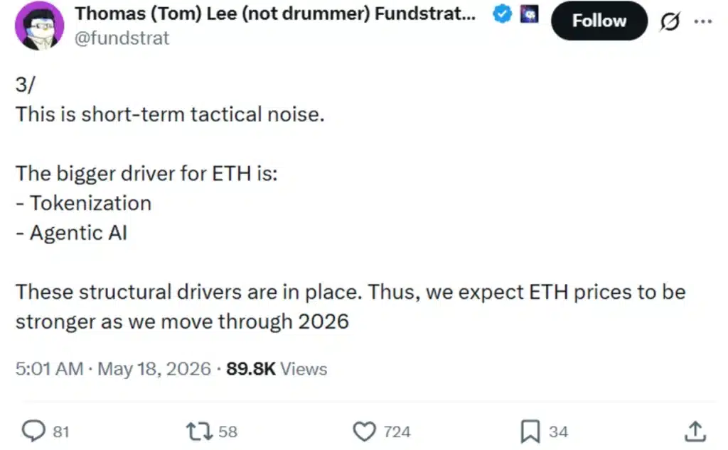 Bitmine chair’s views on ETH price.